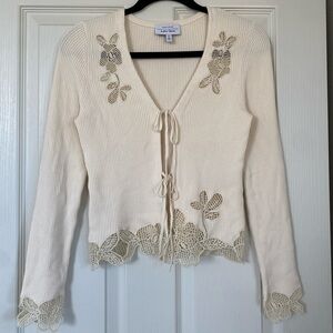 Cream Tie Front Embroidered Cardigan